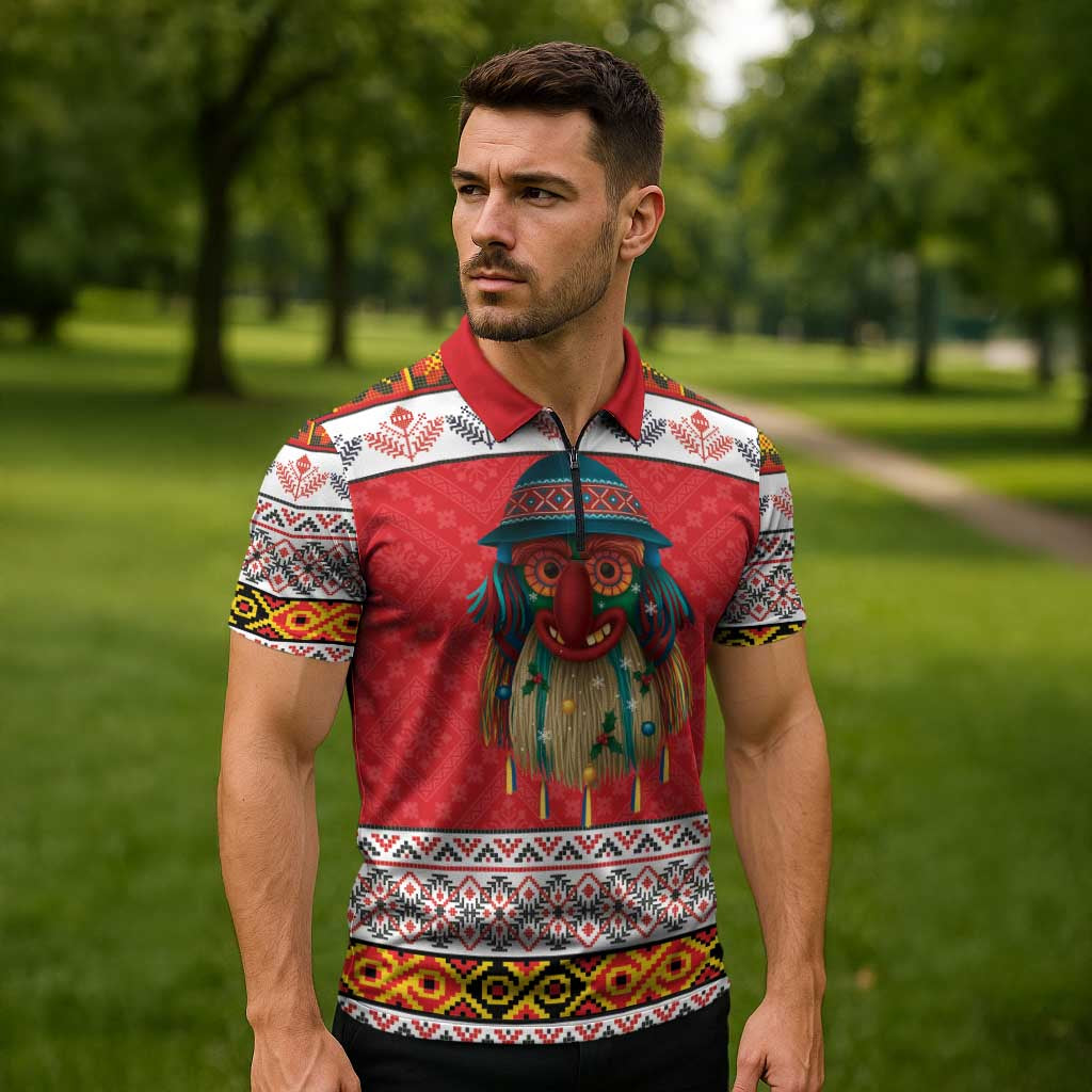 Personalized Romania Christmas Zipper Polo Shirt Romanian Folk Mask - Wonder Print Shop