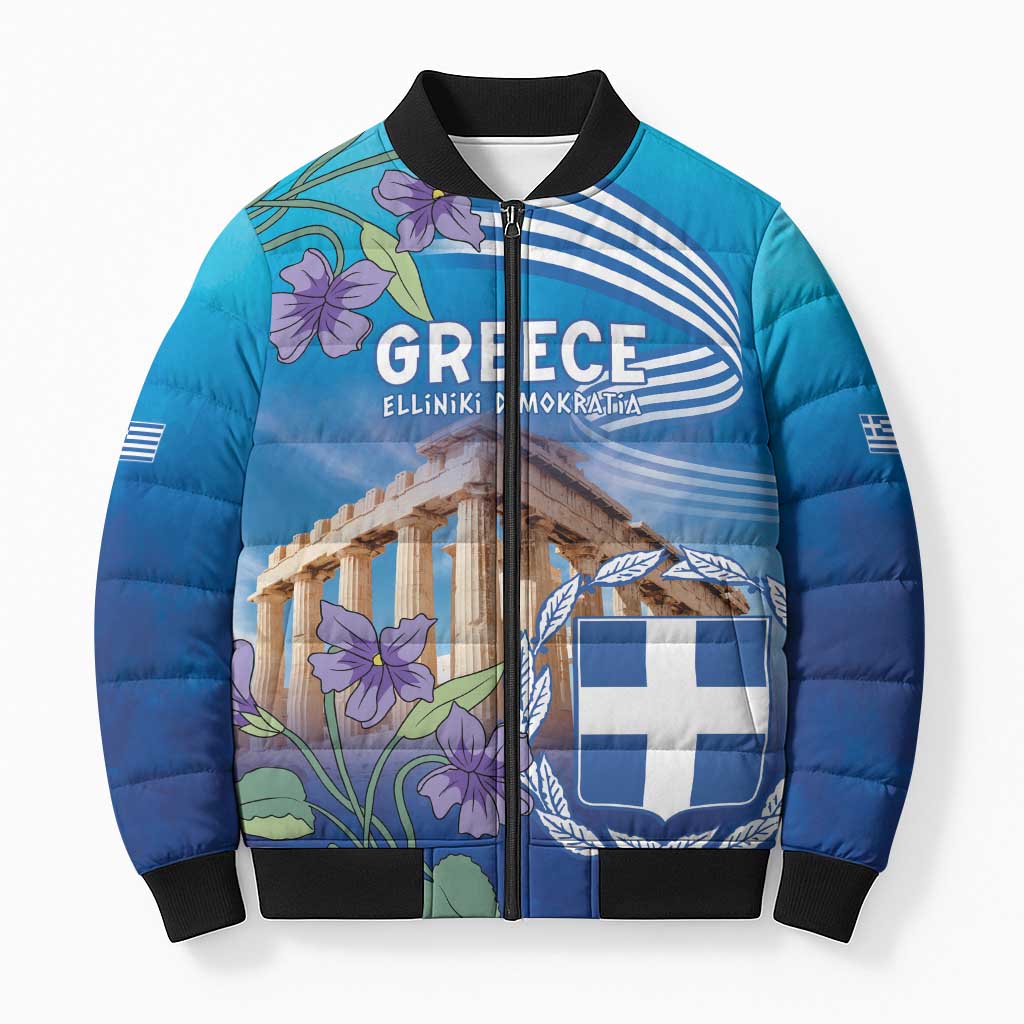 Greece Athens Bomber Puffer Jacket Viola Odorata with Emblem Design - Wonder Print Shop