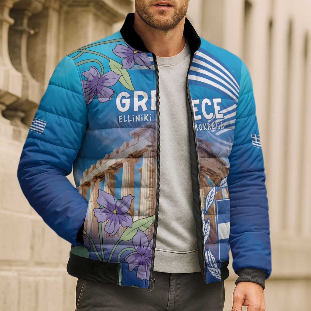 Greece Athens Bomber Puffer Jacket Viola Odorata with Emblem Design - Wonder Print Shop