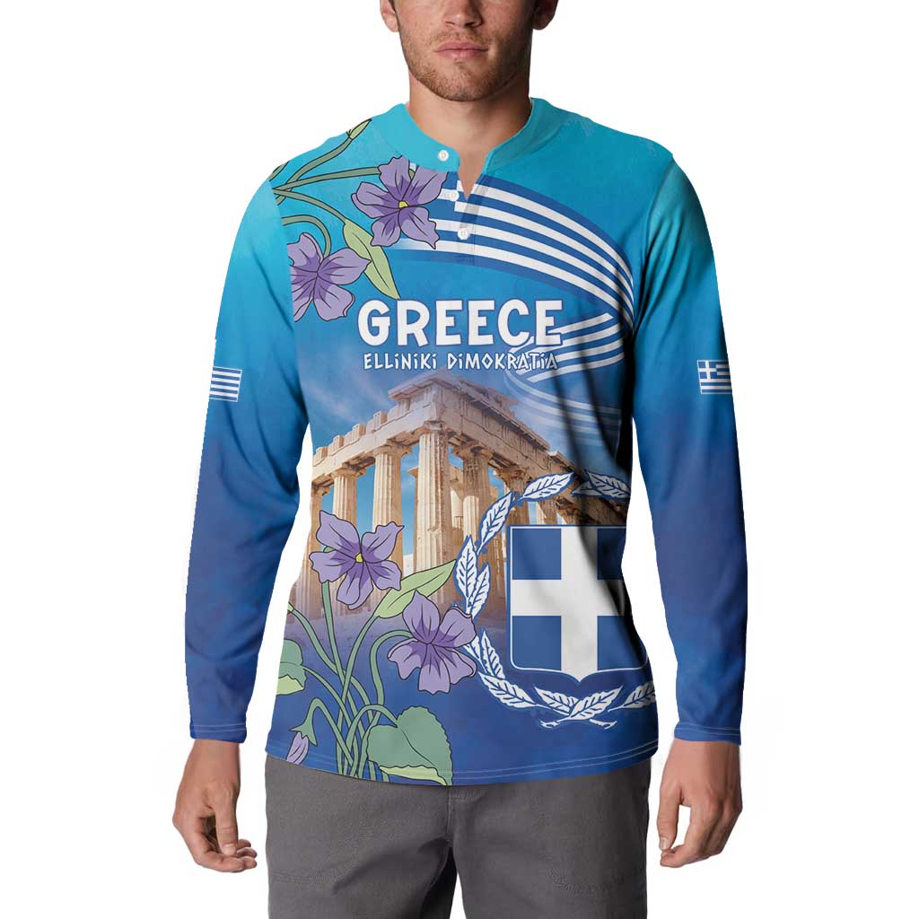 Greece Athens Button Sweatshirt Viola Odorata with Emblem Design - Wonder Print Shop