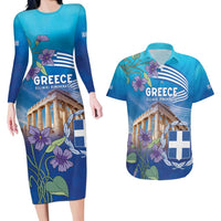 Greece Athens Couples Matching Long Sleeve Bodycon Dress and Hawaiian Shirt Viola Odorata with Emblem Design - Wonder Print Shop