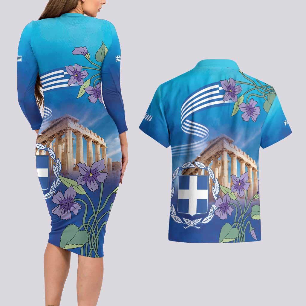 Greece Athens Couples Matching Long Sleeve Bodycon Dress and Hawaiian Shirt Viola Odorata with Emblem Design - Wonder Print Shop