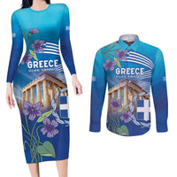 Greece Athens Couples Matching Long Sleeve Bodycon Dress and Long Sleeve Button Shirt Viola Odorata with Emblem Design - Wonder Print Shop