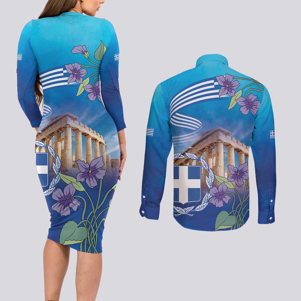 Greece Athens Couples Matching Long Sleeve Bodycon Dress and Long Sleeve Button Shirt Viola Odorata with Emblem Design - Wonder Print Shop
