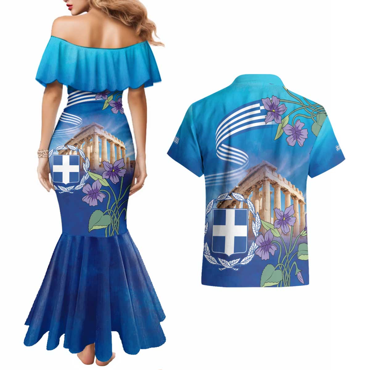 Greece Athens Couples Matching Mermaid Dress and Hawaiian Shirt Viola Odorata with Emblem Design - Wonder Print Shop