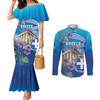 Greece Athens Couples Matching Mermaid Dress and Long Sleeve Button Shirt Viola Odorata with Emblem Design - Wonder Print Shop