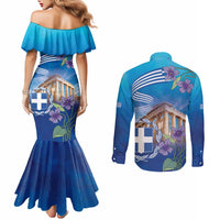 Greece Athens Couples Matching Mermaid Dress and Long Sleeve Button Shirt Viola Odorata with Emblem Design - Wonder Print Shop