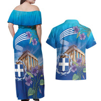 Greece Athens Couples Matching Off Shoulder Maxi Dress and Hawaiian Shirt Viola Odorata with Emblem Design - Wonder Print Shop