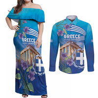 Greece Athens Couples Matching Off Shoulder Maxi Dress and Long Sleeve Button Shirt Viola Odorata with Emblem Design - Wonder Print Shop