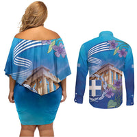 Greece Athens Couples Matching Off Shoulder Short Dress and Long Sleeve Button Shirt Viola Odorata with Emblem Design - Wonder Print Shop