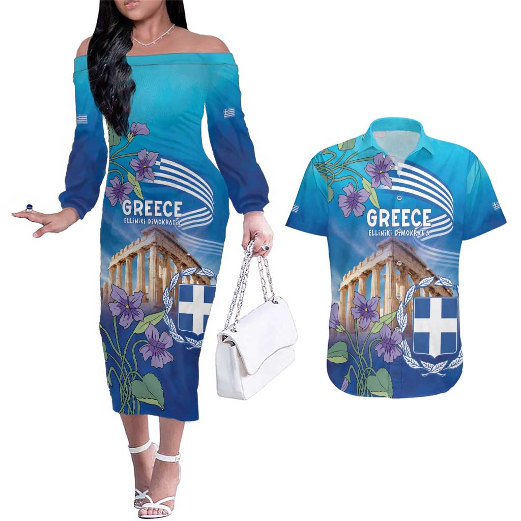 Greece Athens Couples Matching Off The Shoulder Long Sleeve Dress and Hawaiian Shirt Viola Odorata with Emblem Design - Wonder Print Shop