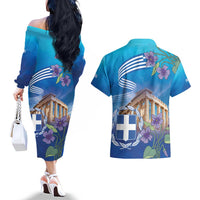 Greece Athens Couples Matching Off The Shoulder Long Sleeve Dress and Hawaiian Shirt Viola Odorata with Emblem Design - Wonder Print Shop