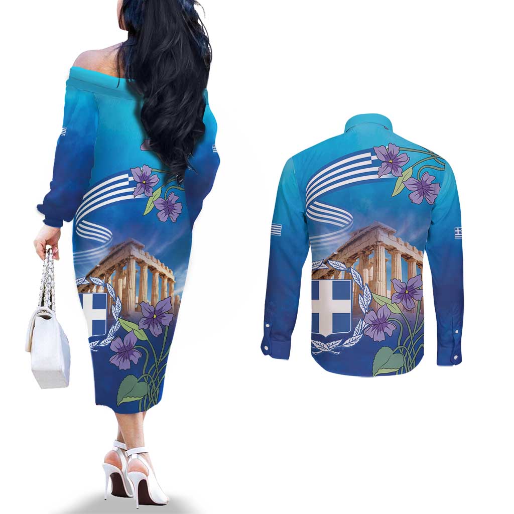 Greece Athens Couples Matching Off The Shoulder Long Sleeve Dress and Long Sleeve Button Shirt Viola Odorata with Emblem Design - Wonder Print Shop