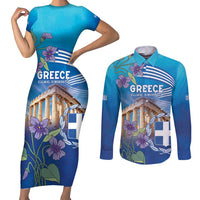 Greece Athens Couples Matching Short Sleeve Bodycon Dress and Long Sleeve Button Shirt Viola Odorata with Emblem Design - Wonder Print Shop