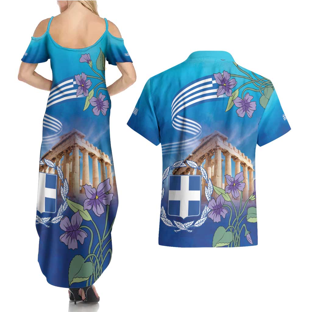 Greece Athens Couples Matching Summer Maxi Dress and Hawaiian Shirt Viola Odorata with Emblem Design - Wonder Print Shop