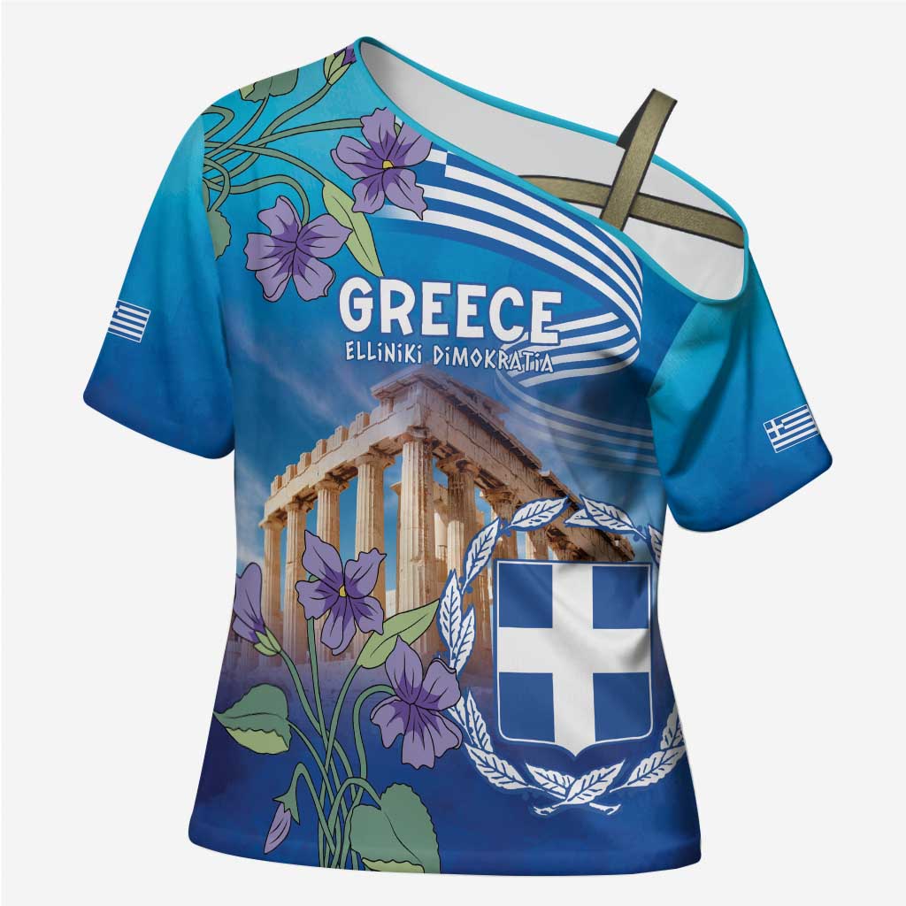 Greece Athens Cross Shoulder Shirt Viola Odorata with Emblem Design - Wonder Print Shop