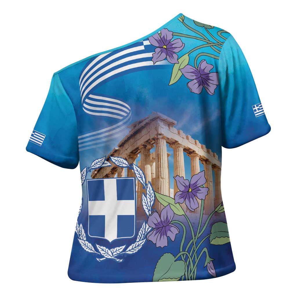 Greece Athens Cross Shoulder Shirt Viola Odorata with Emblem Design - Wonder Print Shop