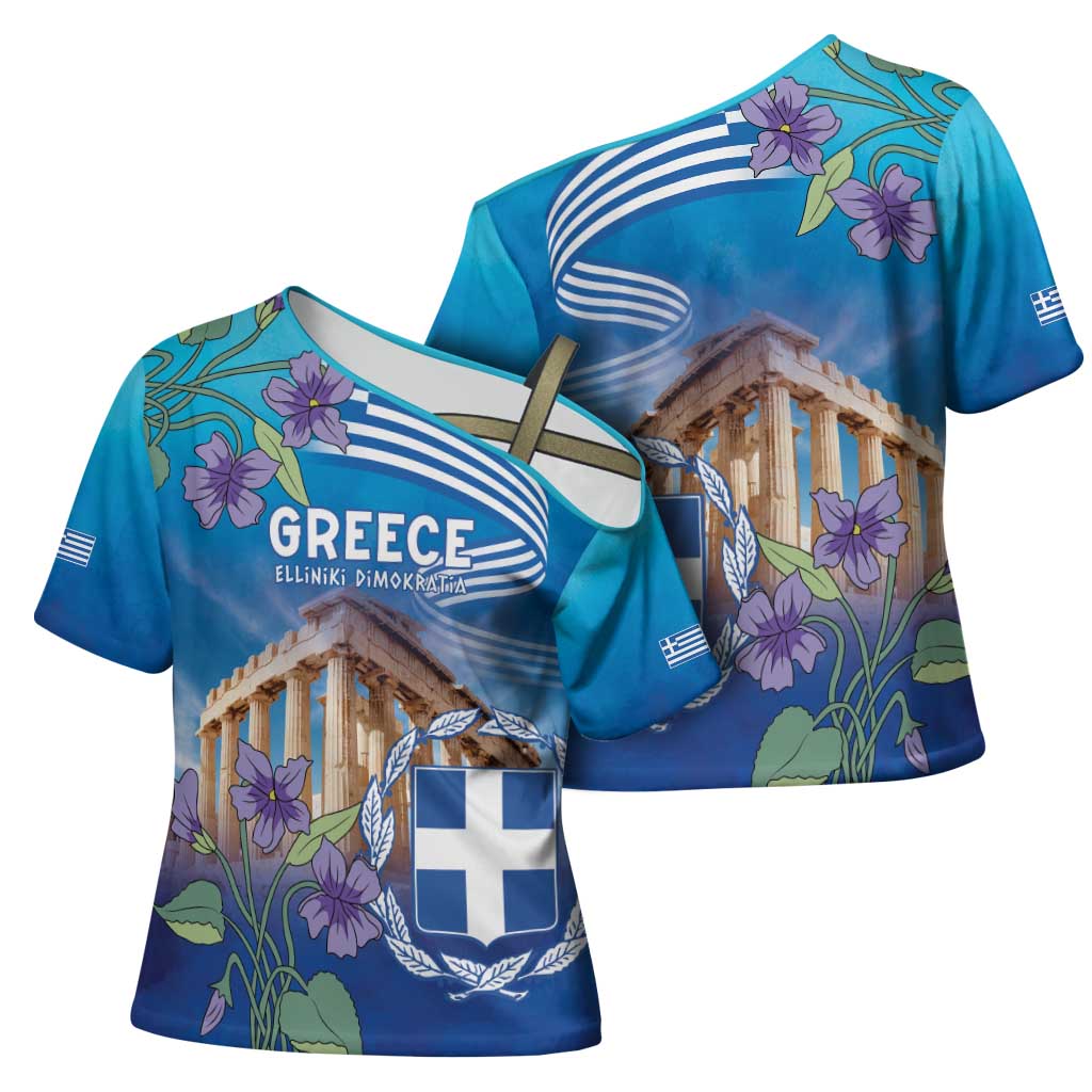 Greece Athens Cross Shoulder Shirt Viola Odorata with Emblem Design - Wonder Print Shop