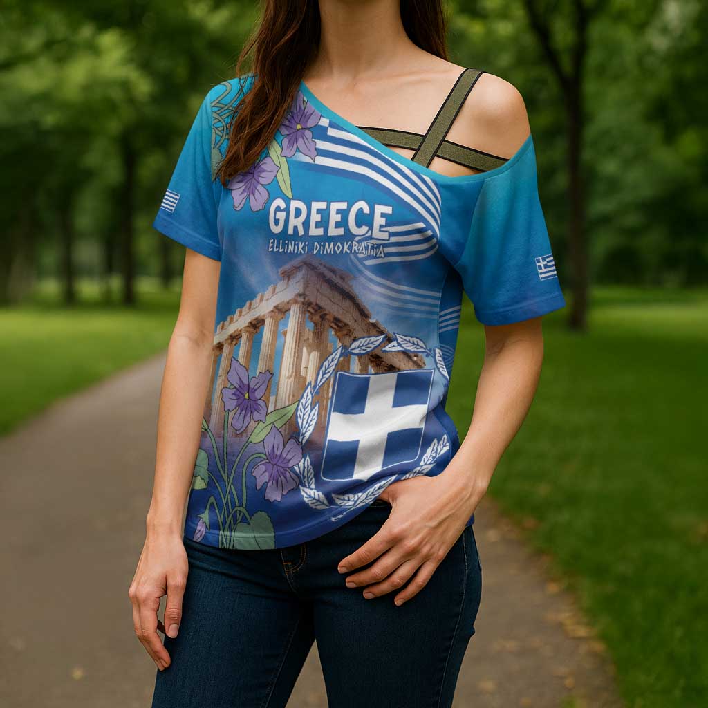 Greece Athens Cross Shoulder Shirt Viola Odorata with Emblem Design - Wonder Print Shop