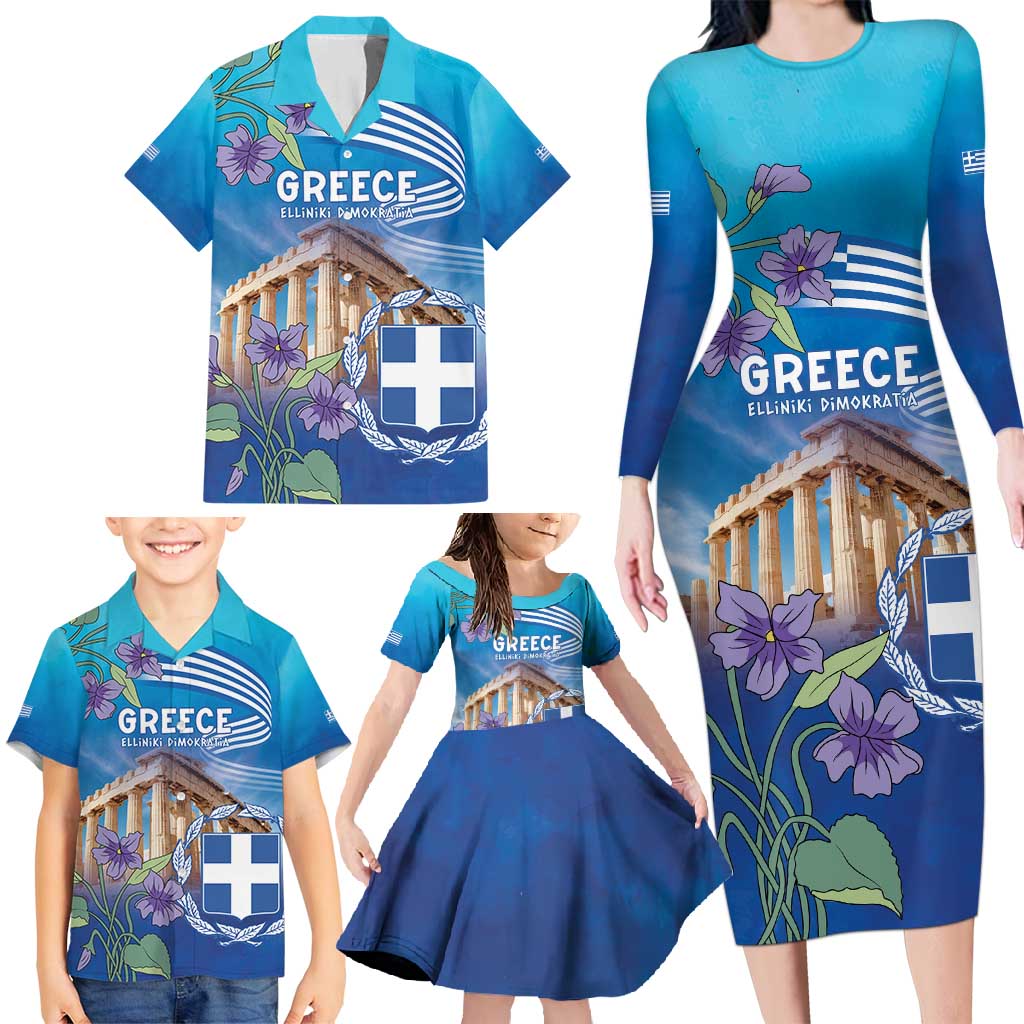 Greece Athens Family Matching Long Sleeve Bodycon Dress and Hawaiian Shirt Viola Odorata with Emblem Design - Wonder Print Shop