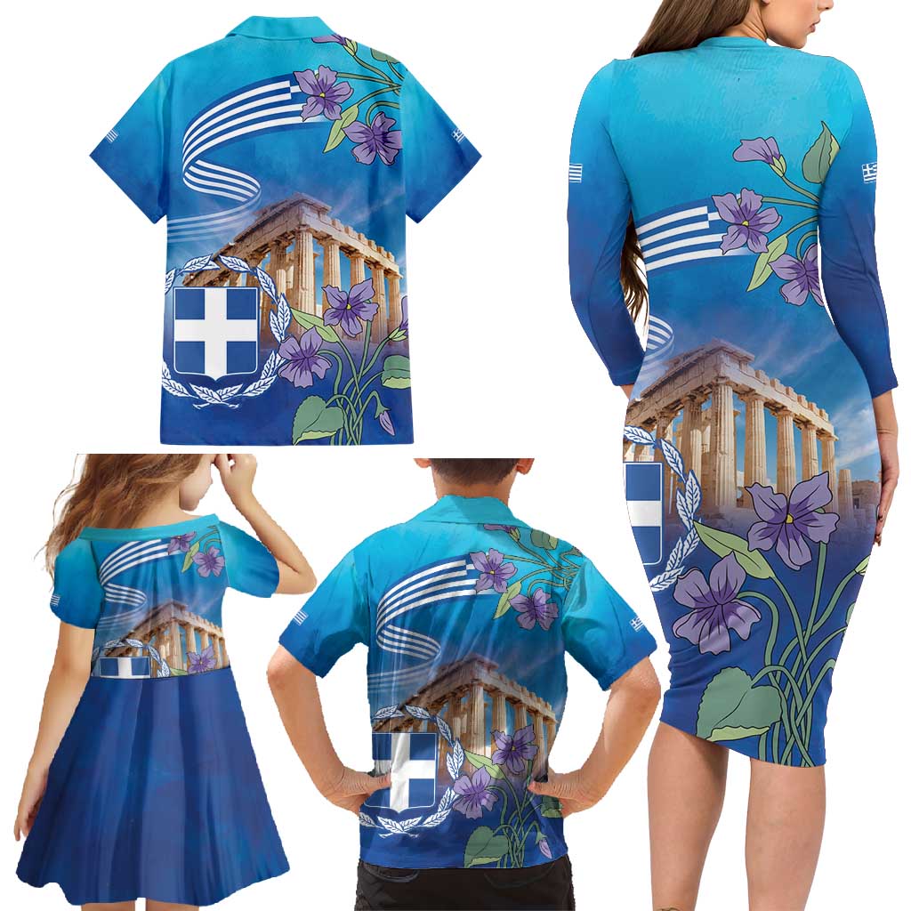 Greece Athens Family Matching Long Sleeve Bodycon Dress and Hawaiian Shirt Viola Odorata with Emblem Design - Wonder Print Shop