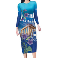 Greece Athens Family Matching Long Sleeve Bodycon Dress and Hawaiian Shirt Viola Odorata with Emblem Design - Wonder Print Shop