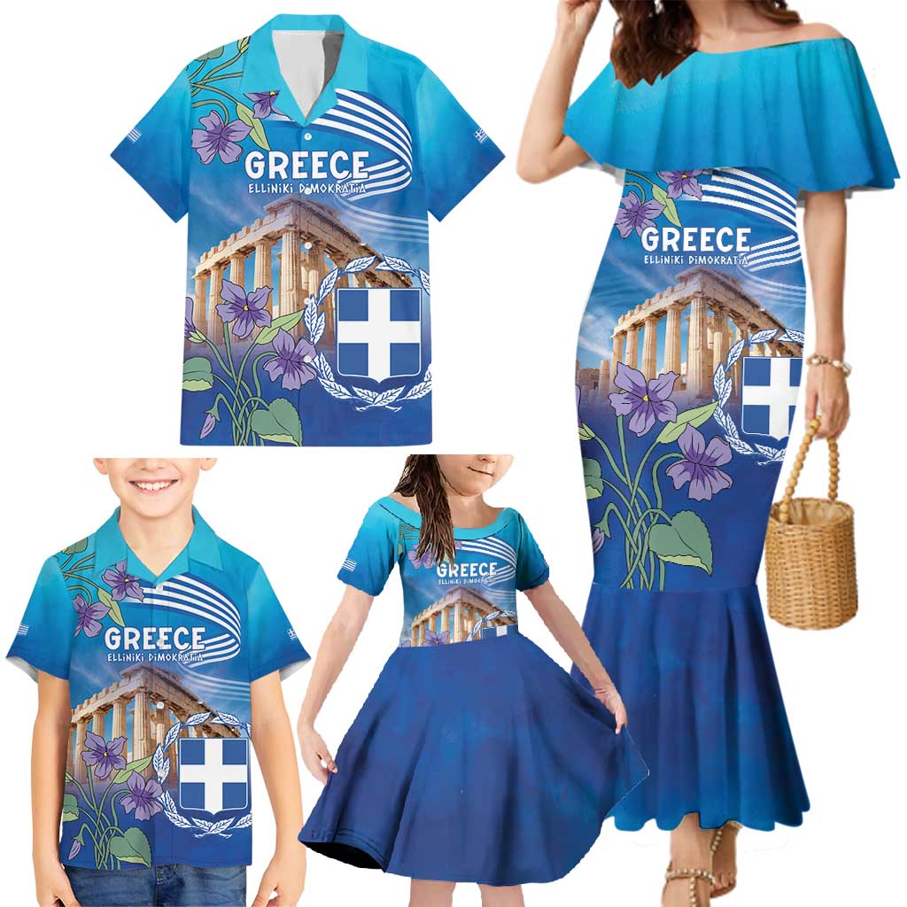 Greece Athens Family Matching Mermaid Dress and Hawaiian Shirt Viola Odorata with Emblem Design - Wonder Print Shop