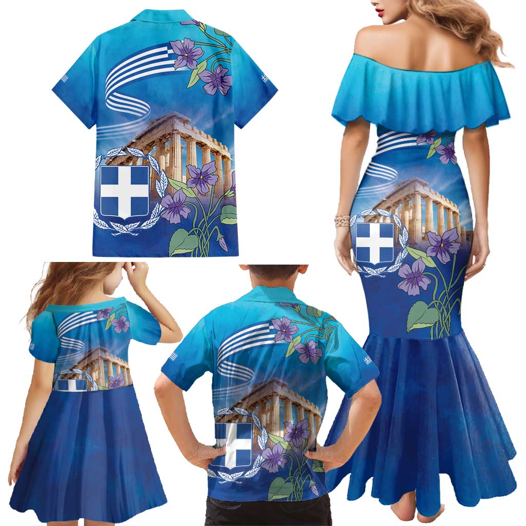 Greece Athens Family Matching Mermaid Dress and Hawaiian Shirt Viola Odorata with Emblem Design - Wonder Print Shop