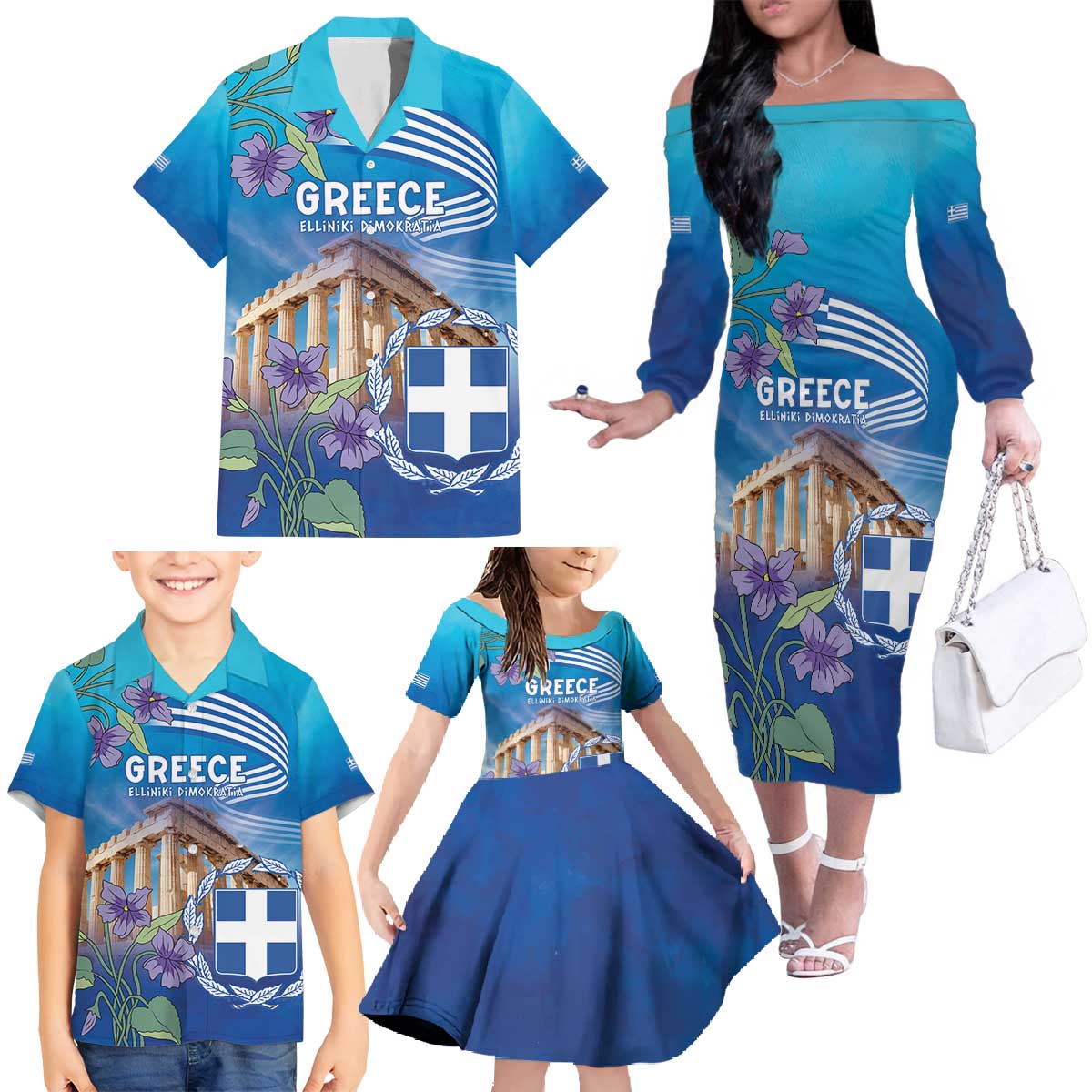 Greece Athens Family Matching Off The Shoulder Long Sleeve Dress and Hawaiian Shirt Viola Odorata with Emblem Design - Wonder Print Shop