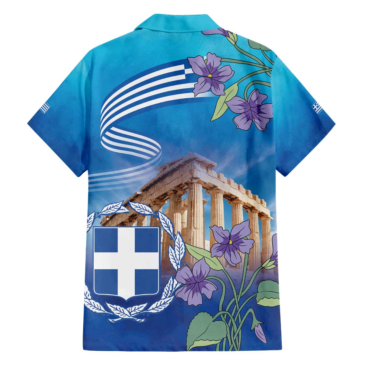 Greece Athens Family Matching Off The Shoulder Long Sleeve Dress and Hawaiian Shirt Viola Odorata with Emblem Design - Wonder Print Shop