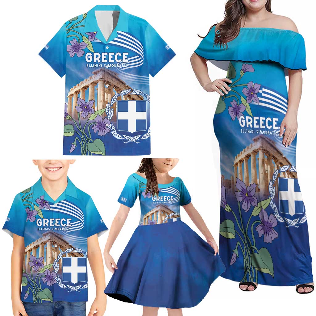 Greece Athens Family Matching Off Shoulder Maxi Dress and Hawaiian Shirt Viola Odorata with Emblem Design - Wonder Print Shop
