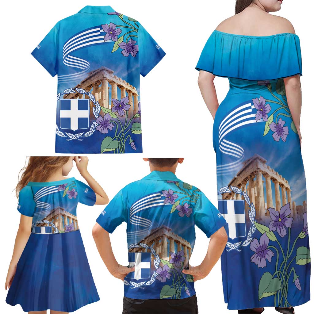 Greece Athens Family Matching Off Shoulder Maxi Dress and Hawaiian Shirt Viola Odorata with Emblem Design - Wonder Print Shop