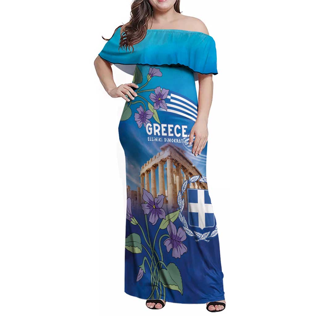 Greece Athens Family Matching Off Shoulder Maxi Dress and Hawaiian Shirt Viola Odorata with Emblem Design - Wonder Print Shop