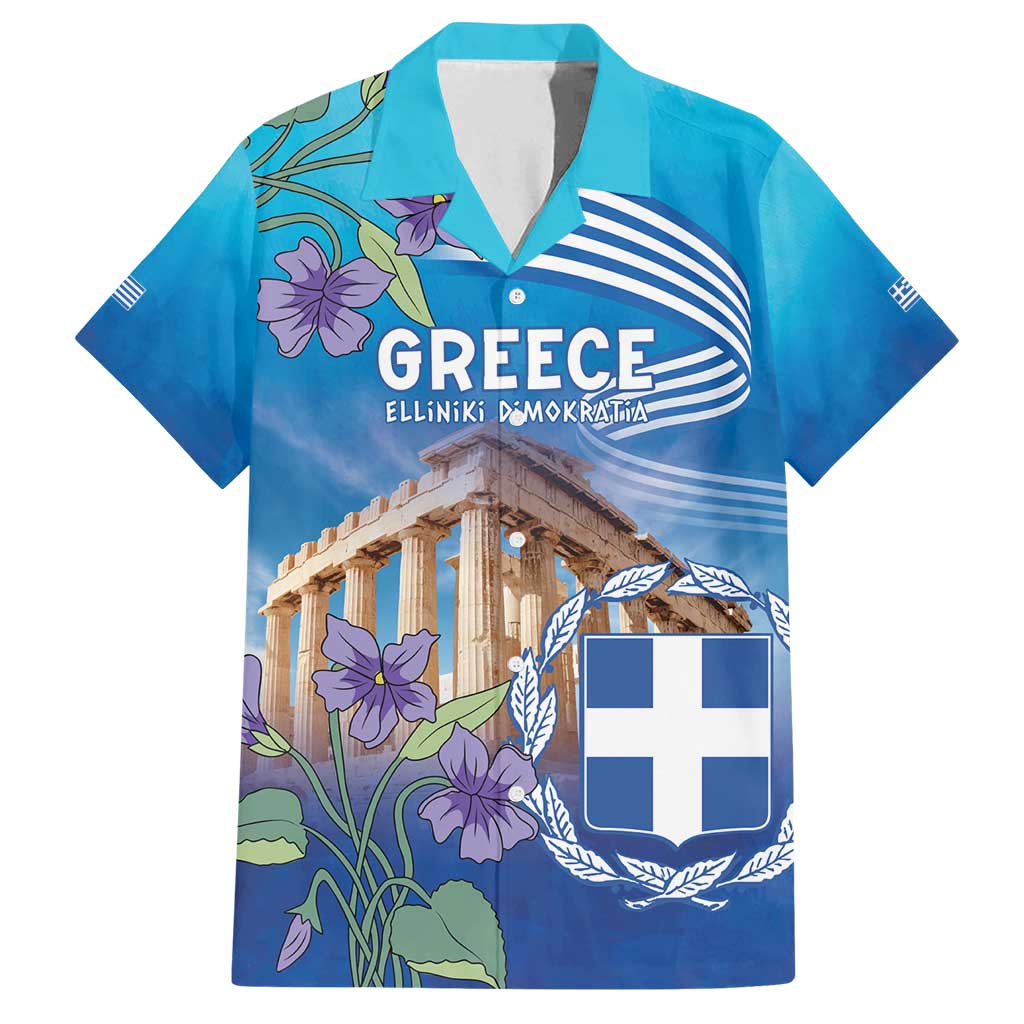 Greece Athens Family Matching Off Shoulder Short Dress and Hawaiian Shirt Viola Odorata with Emblem Design - Wonder Print Shop