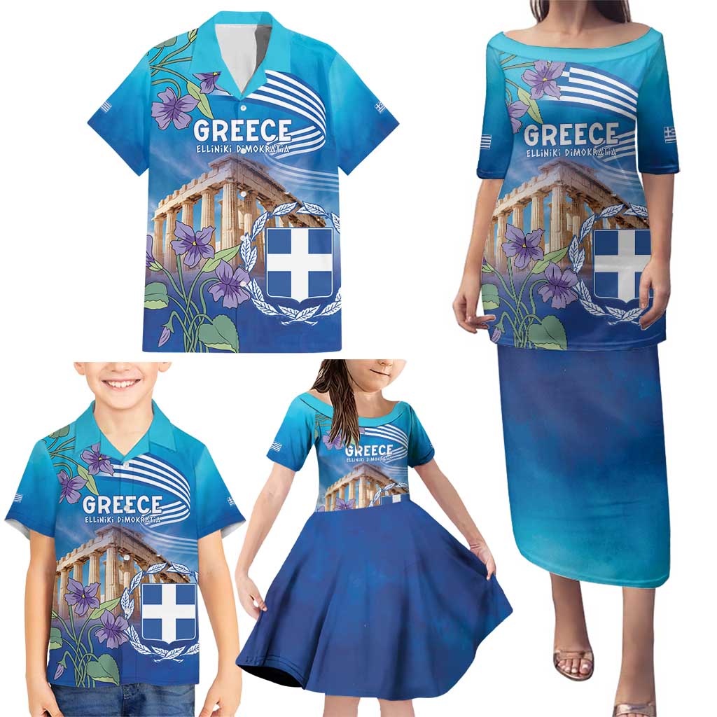 Greece Athens Family Matching Puletasi and Hawaiian Shirt Viola Odorata with Emblem Design - Wonder Print Shop