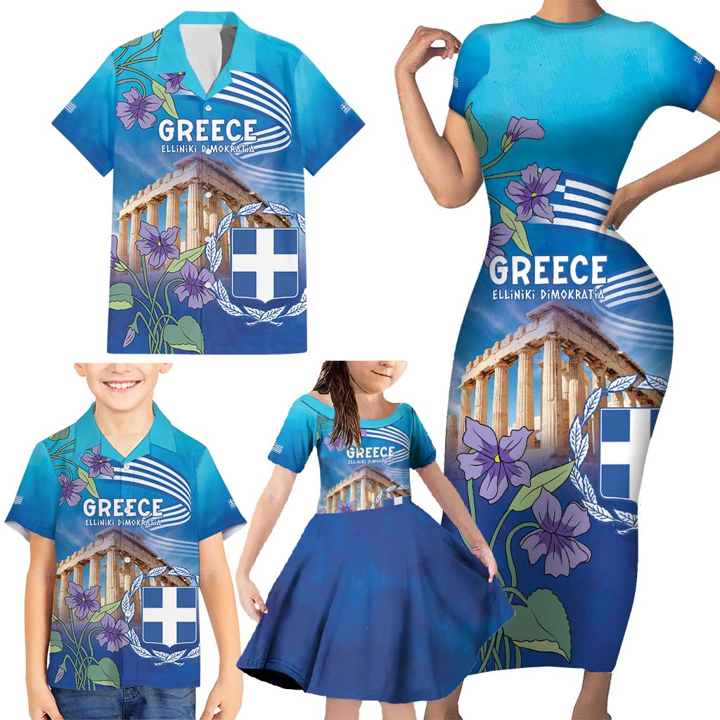 Greece Athens Family Matching Short Sleeve Bodycon Dress and Hawaiian Shirt Viola Odorata with Emblem Design - Wonder Print Shop