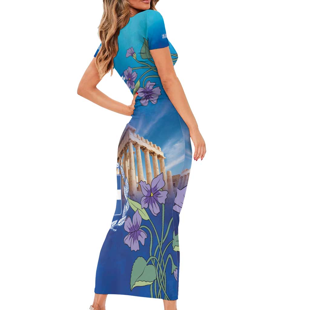 Greece Athens Family Matching Short Sleeve Bodycon Dress and Hawaiian Shirt Viola Odorata with Emblem Design - Wonder Print Shop