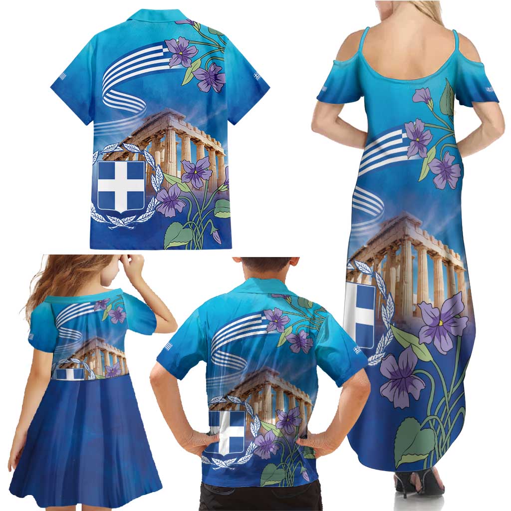 Greece Athens Family Matching Summer Maxi Dress and Hawaiian Shirt Viola Odorata with Emblem Design - Wonder Print Shop