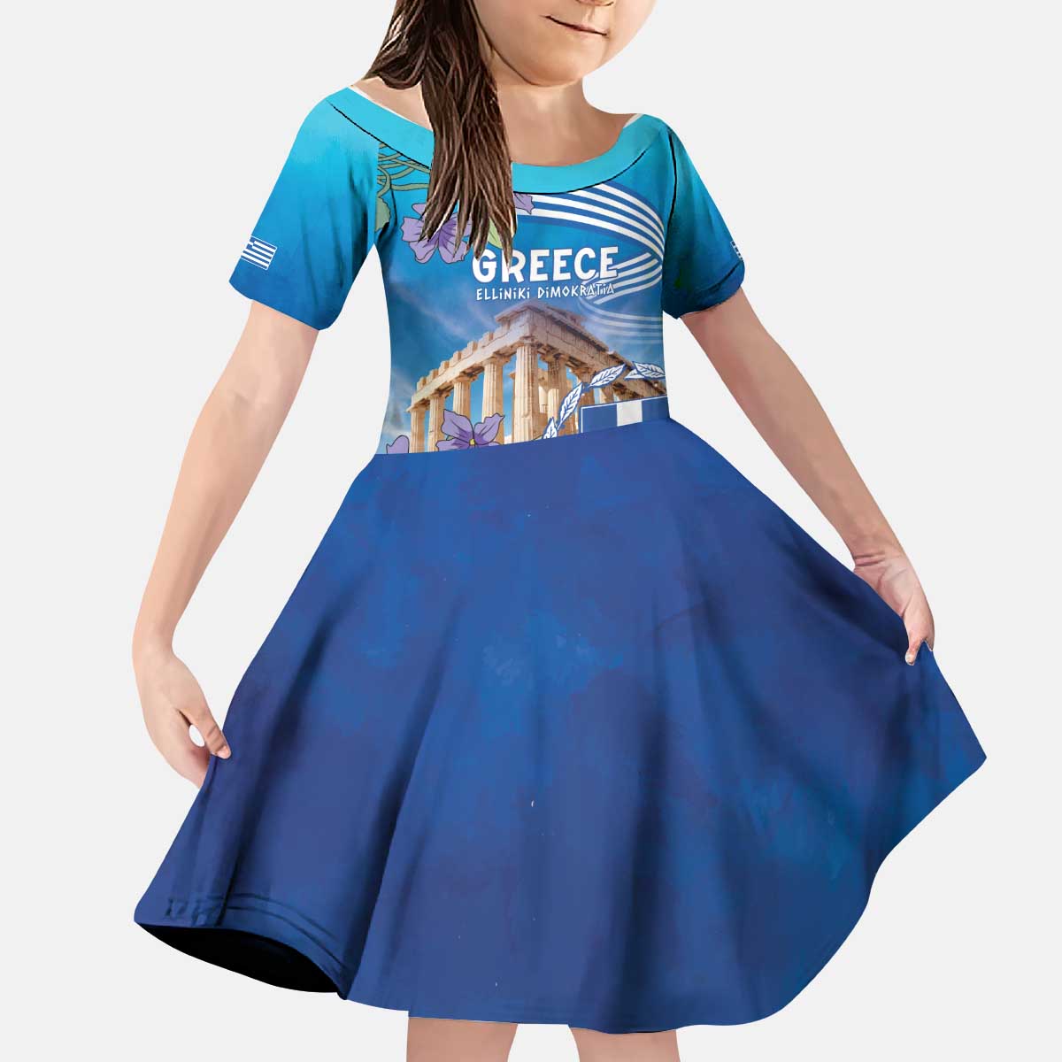 Greece Athens Kid Short Sleeve Dress Viola Odorata with Emblem Design - Wonder Print Shop
