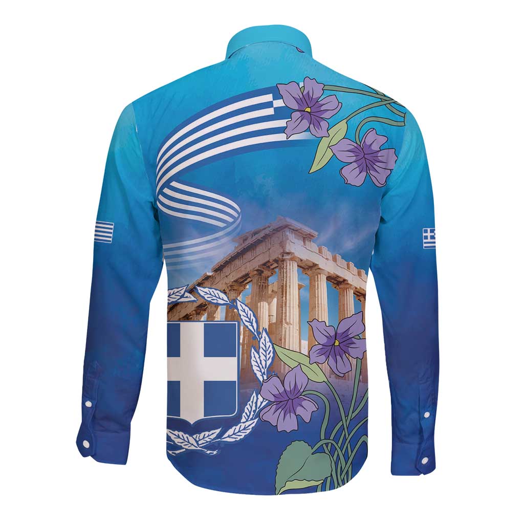 Greece Athens Long Sleeve Button Shirt Viola Odorata with Emblem Design - Wonder Print Shop