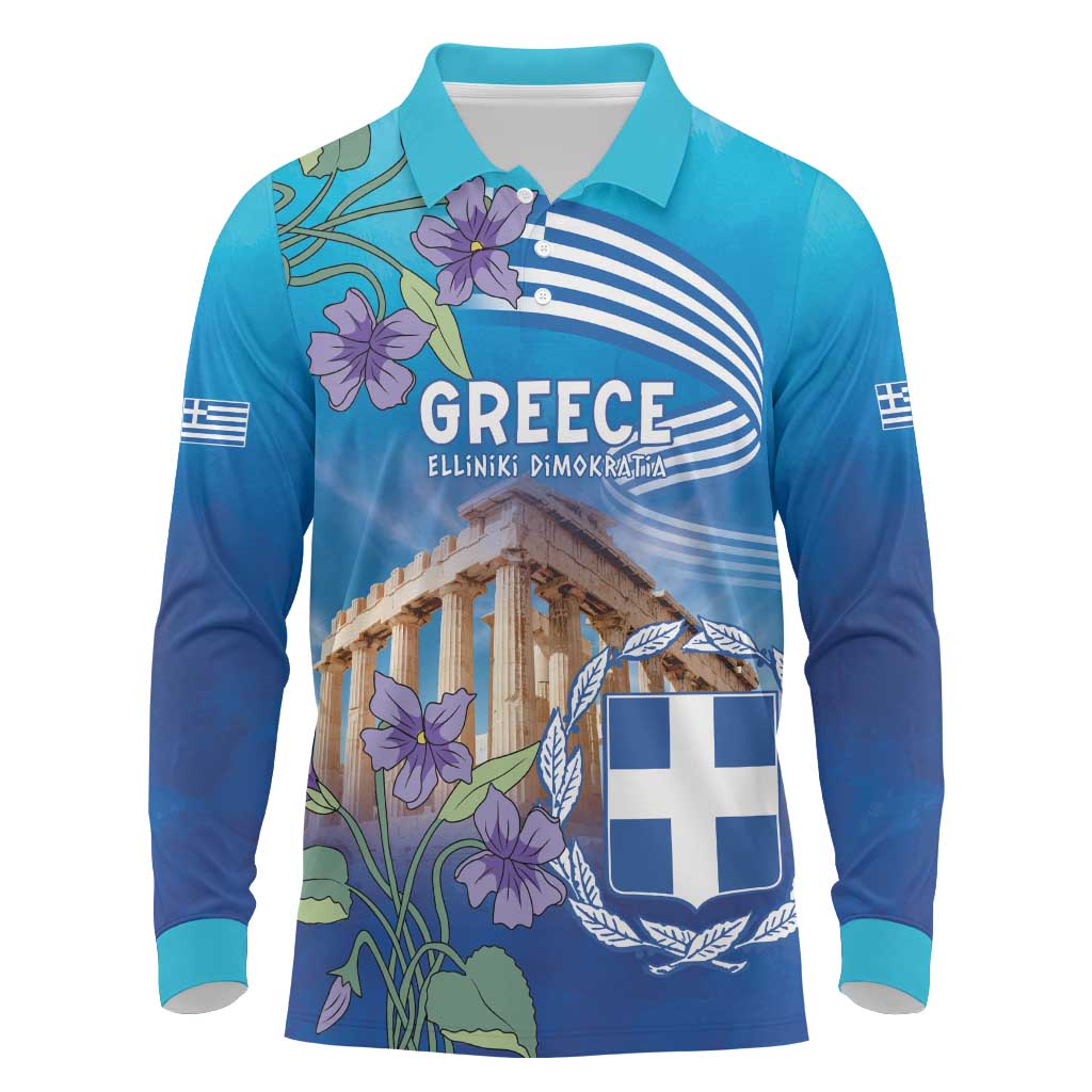 Greece Athens Long Sleeve Polo Shirt Viola Odorata with Emblem Design - Wonder Print Shop