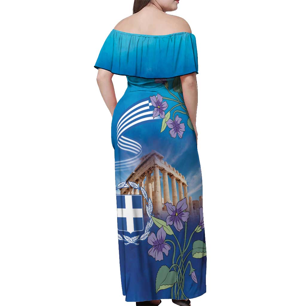 Greece Athens Off Shoulder Maxi Dress Viola Odorata with Emblem Design - Wonder Print Shop