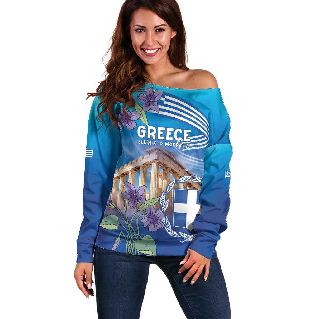 Greece Athens Off Shoulder Sweater Viola Odorata with Emblem Design - Wonder Print Shop