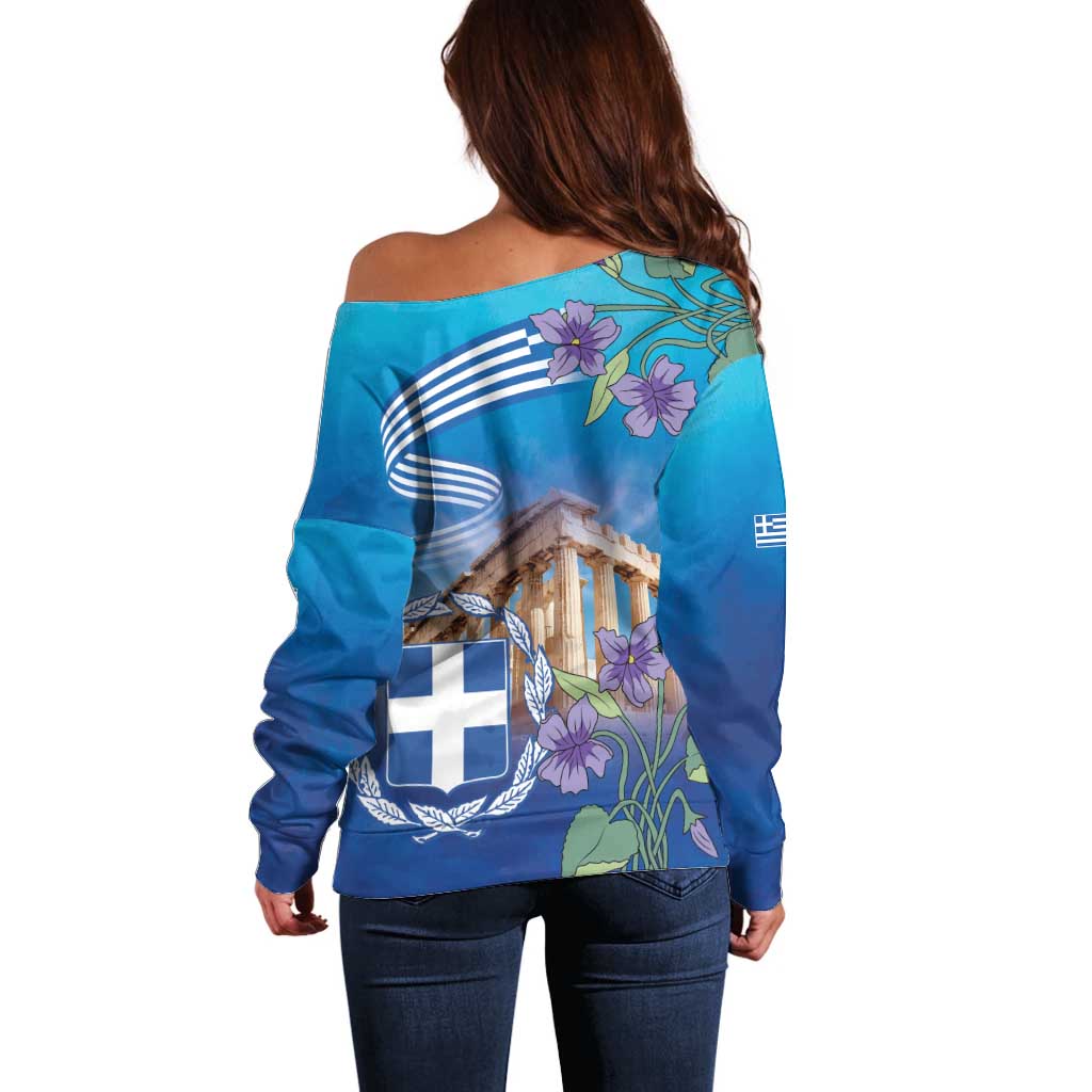 Greece Athens Off Shoulder Sweater Viola Odorata with Emblem Design - Wonder Print Shop