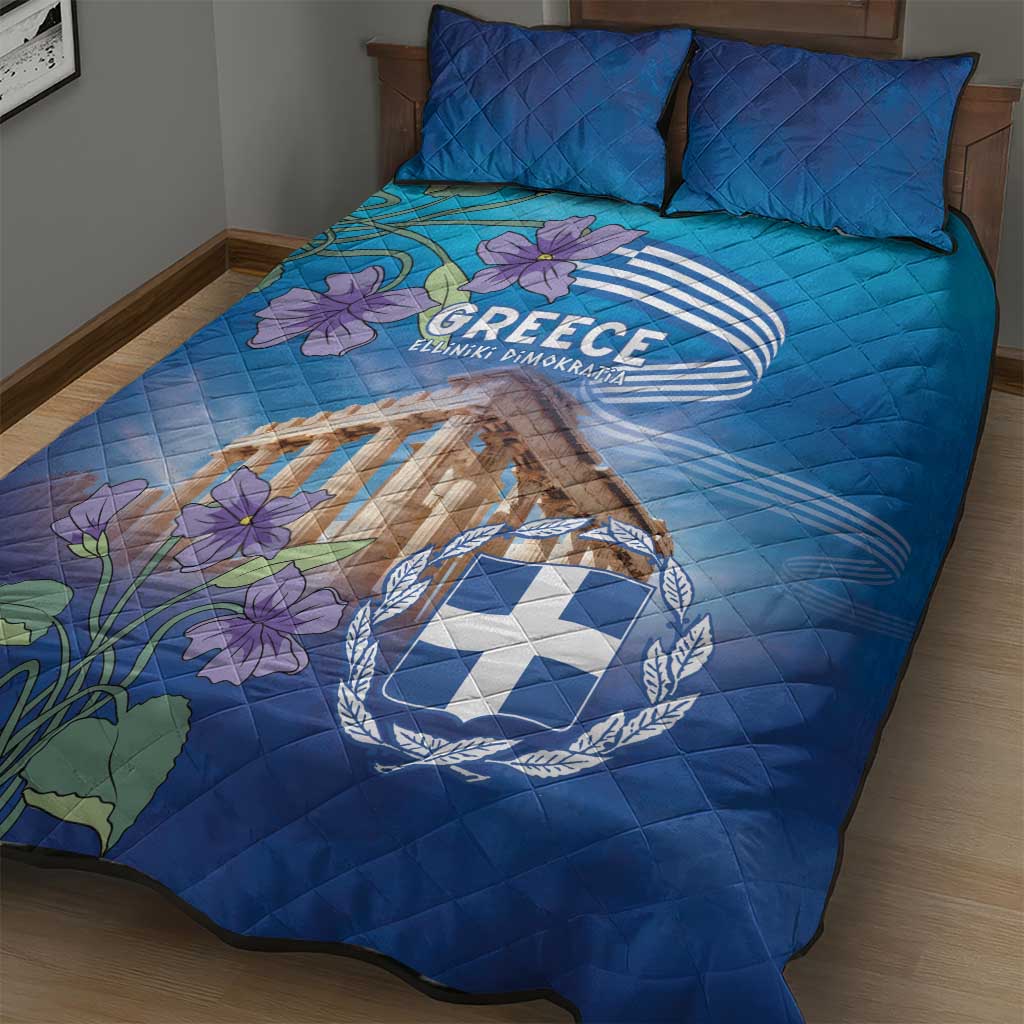 Greece Athens Quilt Bed Set Viola Odorata with Emblem Design - Wonder Print Shop
