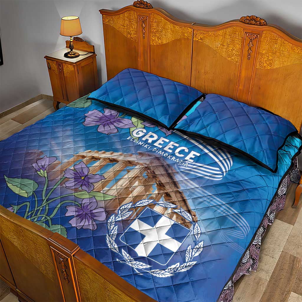 Greece Athens Quilt Bed Set Viola Odorata with Emblem Design - Wonder Print Shop