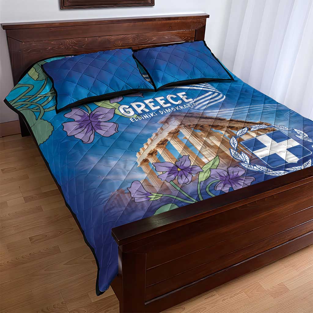 Greece Athens Quilt Bed Set Viola Odorata with Emblem Design - Wonder Print Shop