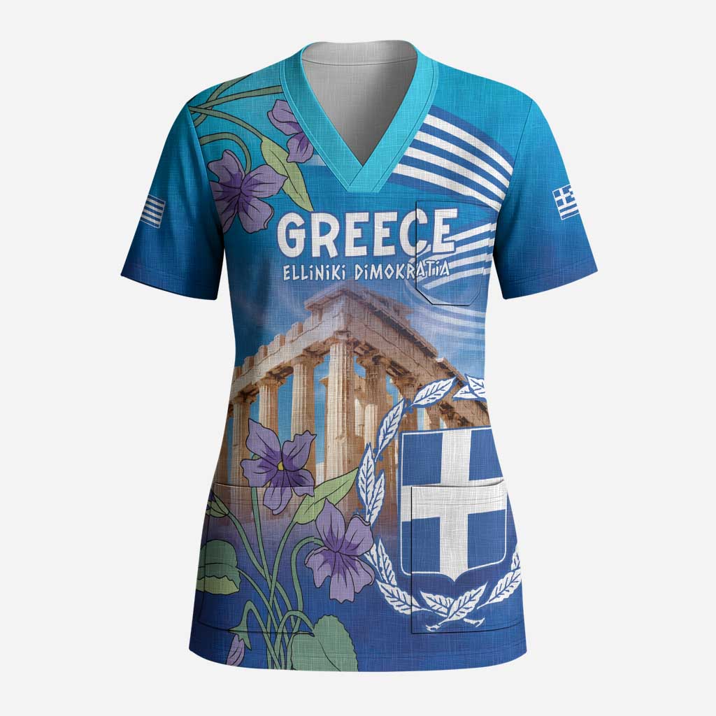 Greece Athens Scrub Top Viola Odorata with Emblem Design - Wonder Print Shop