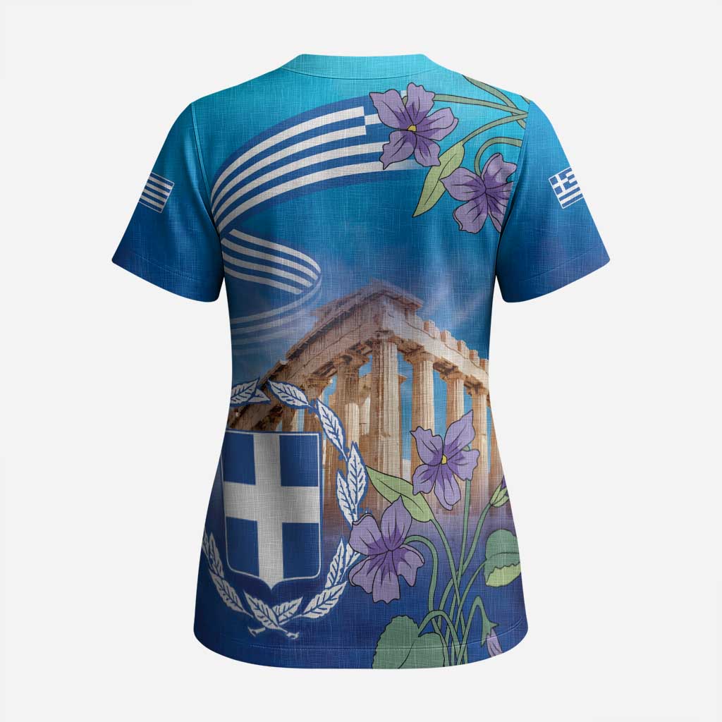 Greece Athens Scrub Top Viola Odorata with Emblem Design - Wonder Print Shop