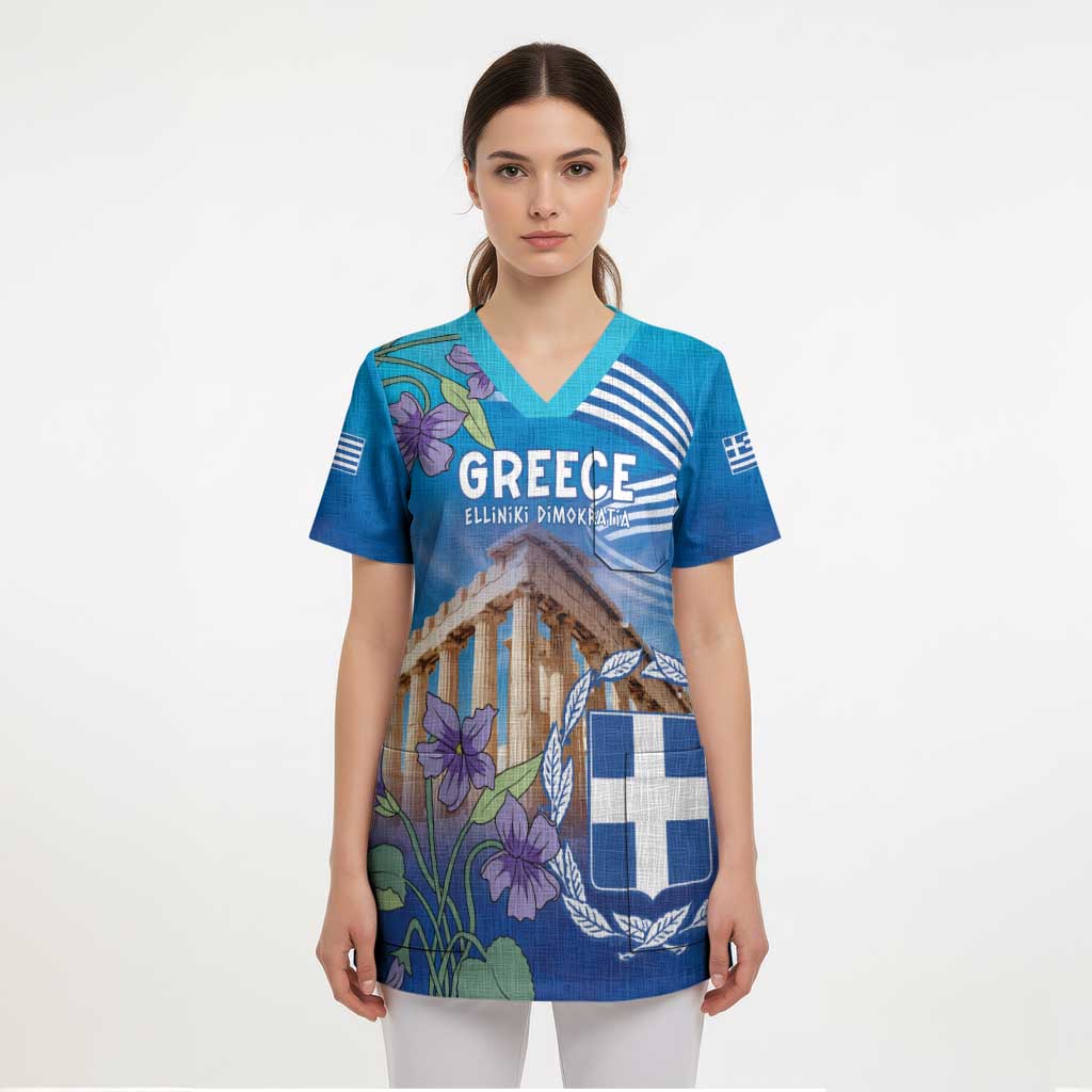 Greece Athens Scrub Top Viola Odorata with Emblem Design - Wonder Print Shop